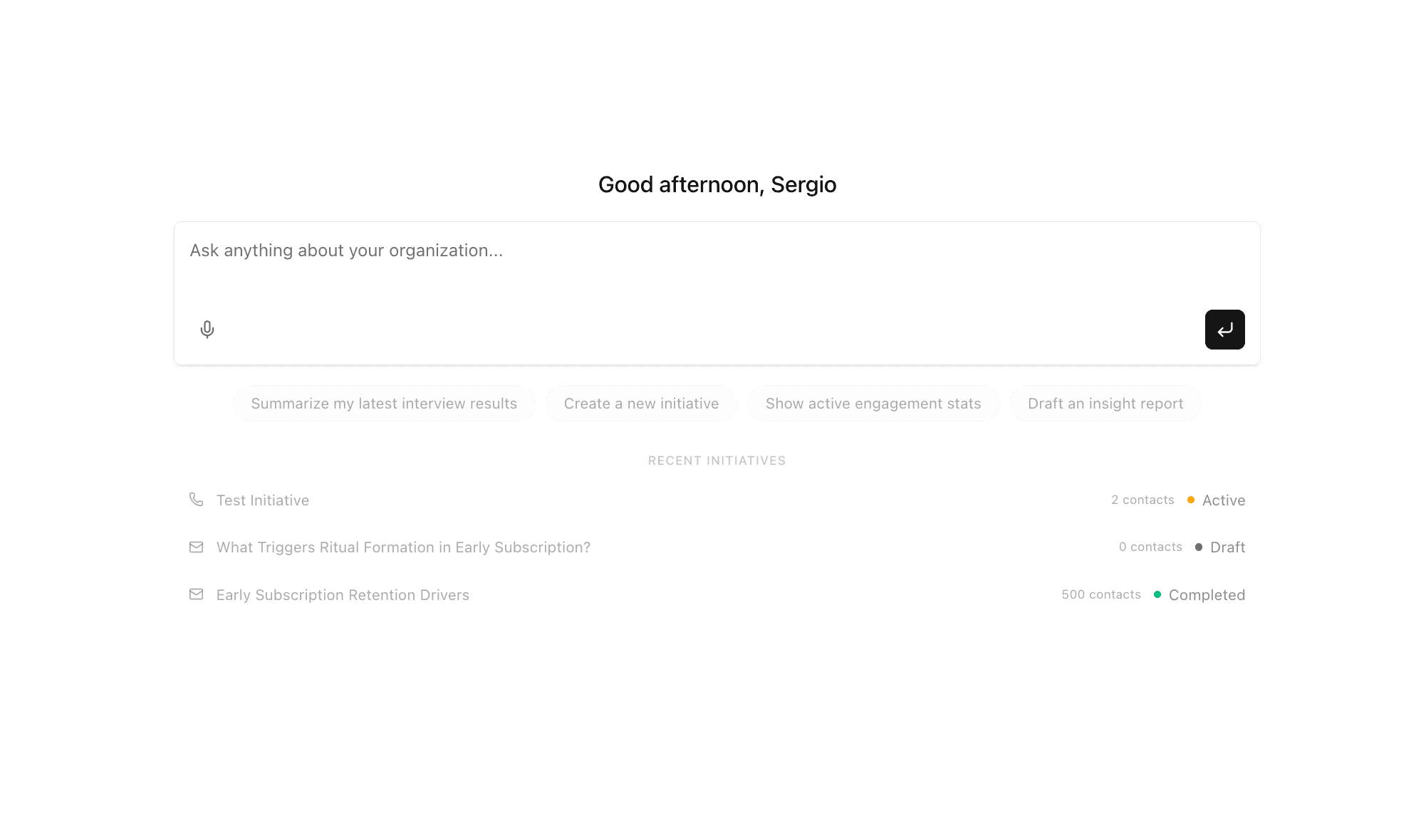 The Boom command center with a chat input that says "Ask anything about your organization", quick actions to summarize interview results, create an initiative, show engagement stats, and draft an insight report, plus a list of recent initiatives