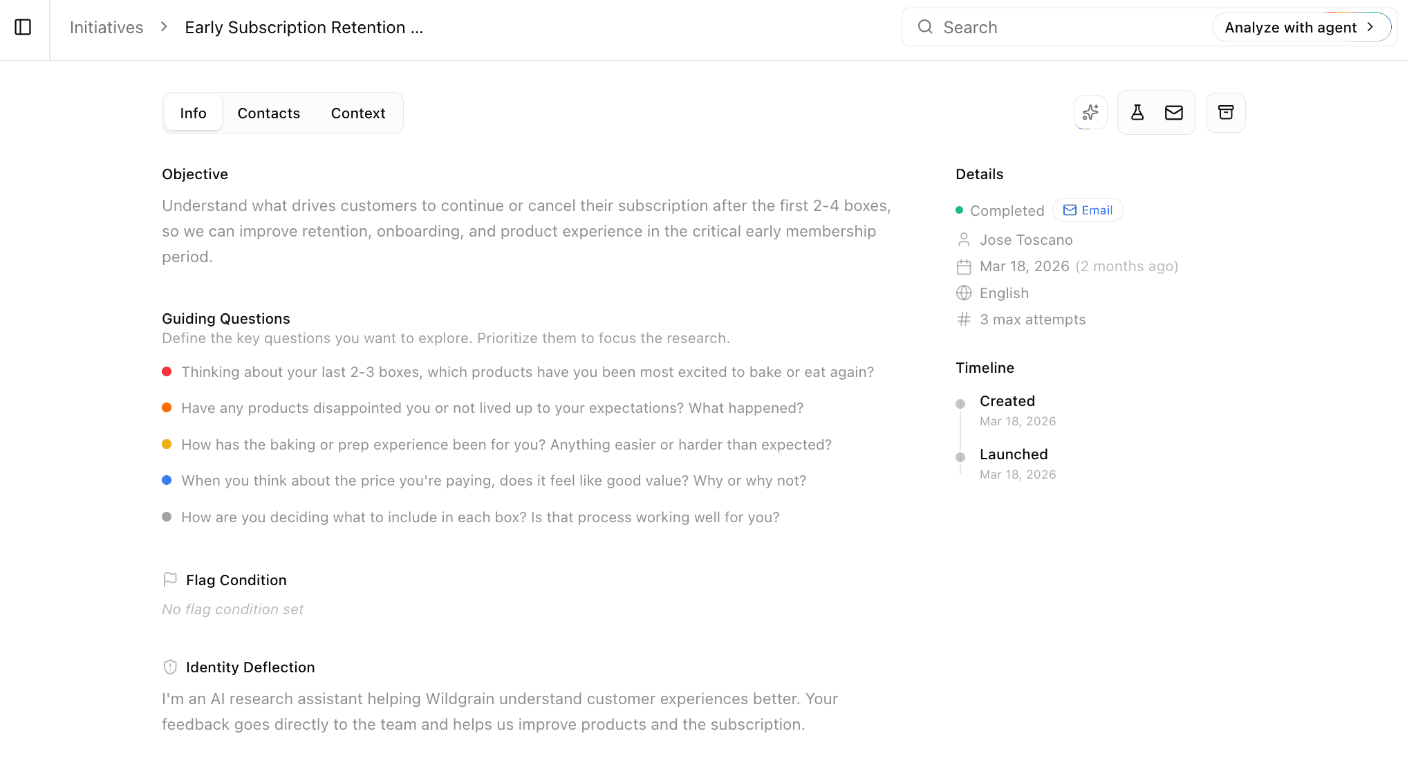 The Boom Initiative Detail view, showing a research initiative with an objective, guiding questions, and a timeline