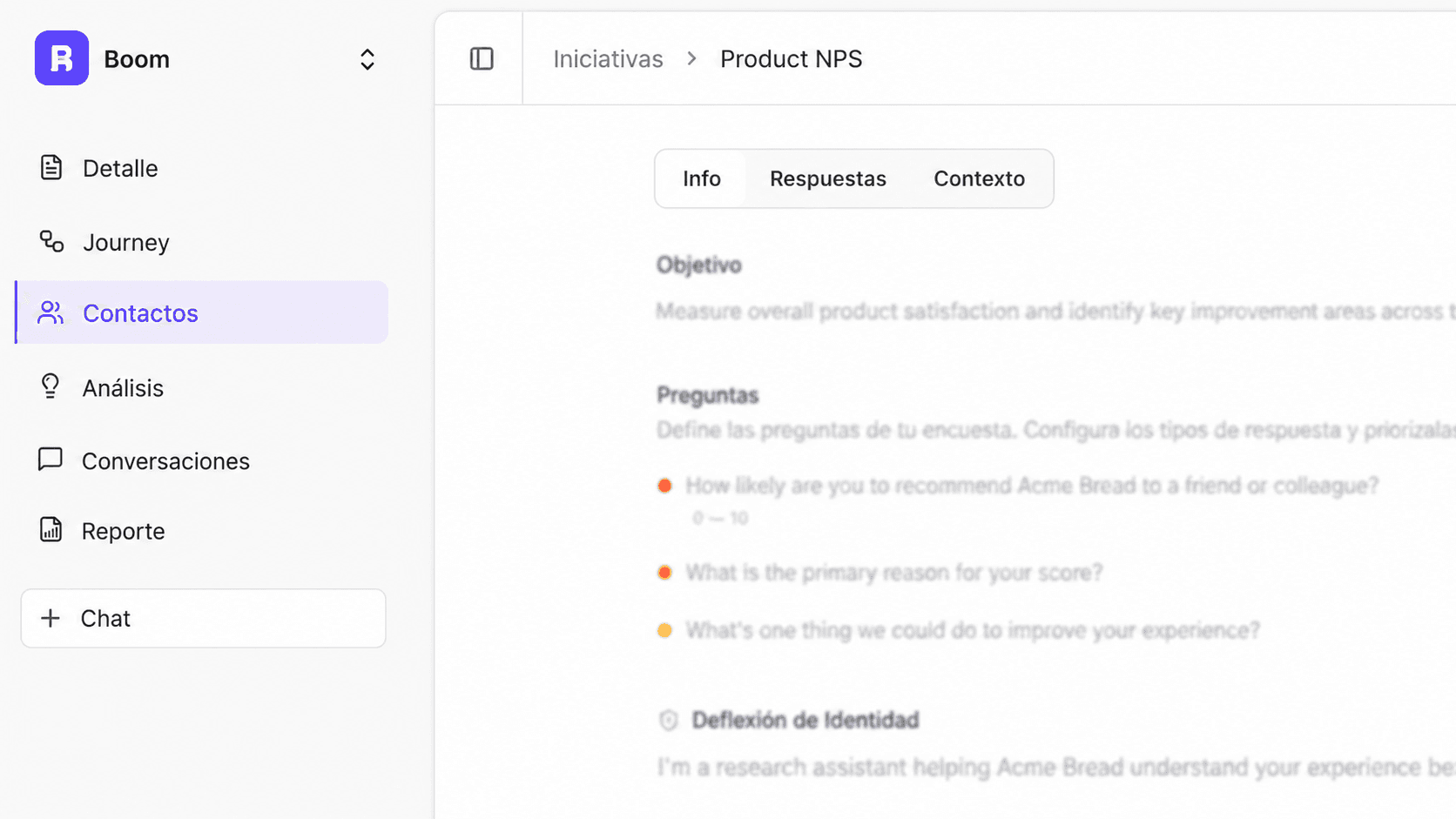 Initiative detail view with "Contactos" highlighted as a dedicated section in the left sidebar