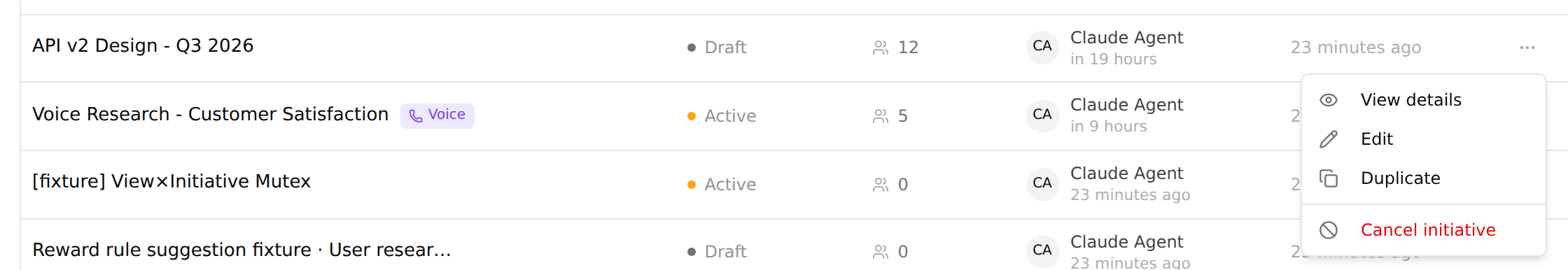 The initiatives list row menu open, showing the new Duplicate action