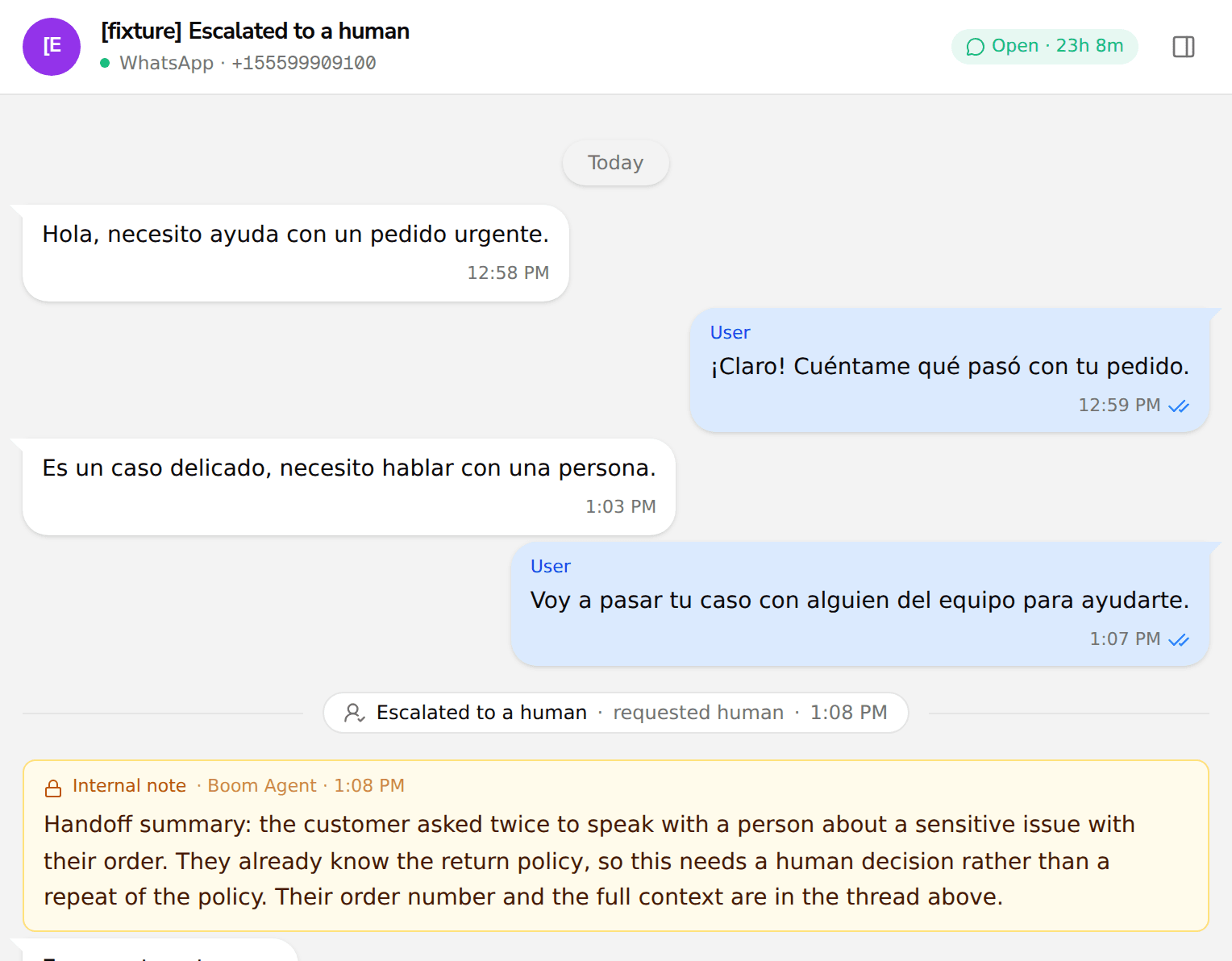 Inbox conversation thread showing an Escalated to a human marker above an amber internal note that summarizes the agent handoff