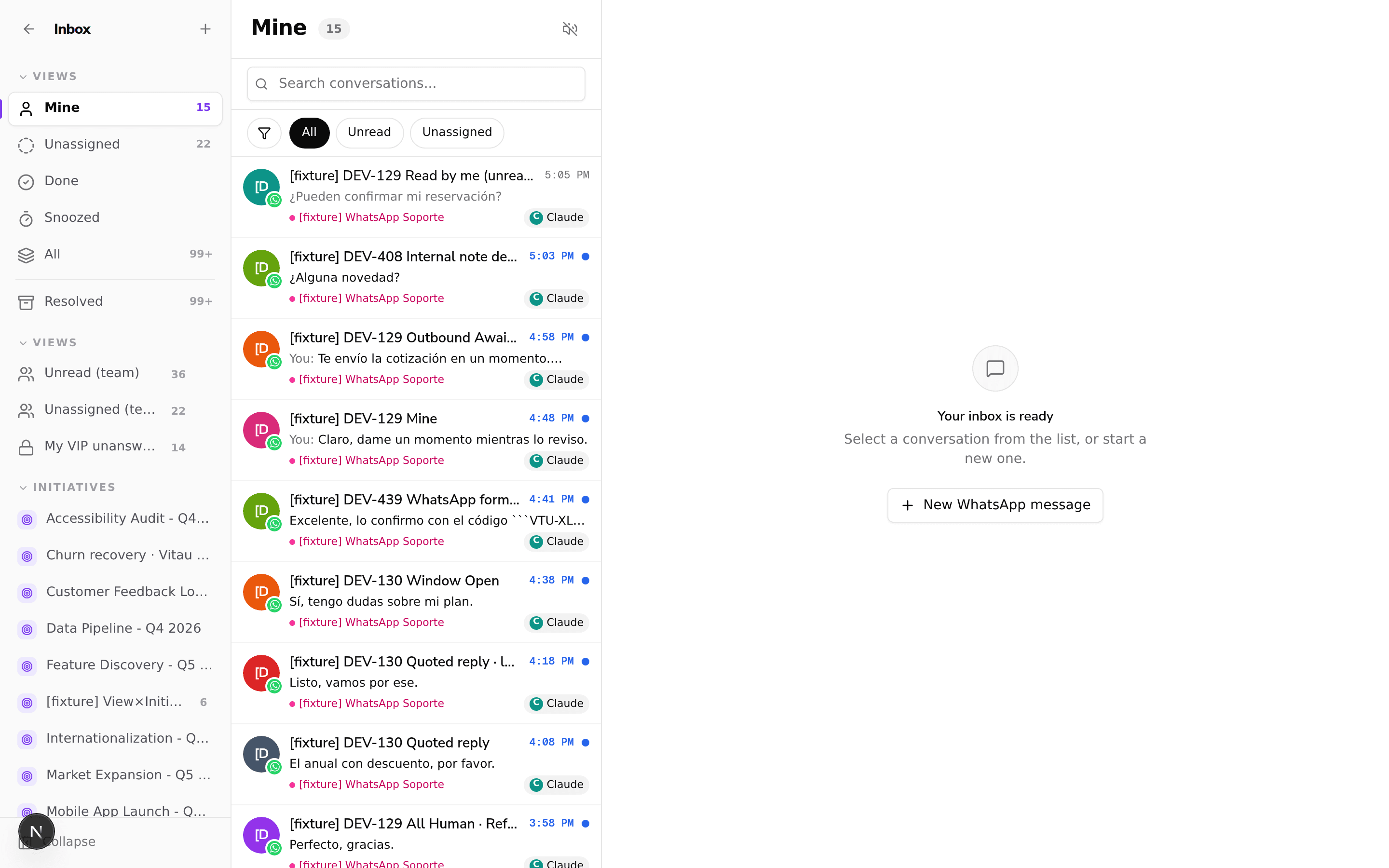 The shared inbox with a sidebar of saved views including a dedicated Resolved view and unread count badges, an All view filtered to open conversations, and filter tabs above the conversation list