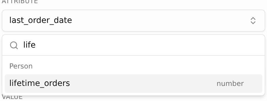 A journey builder attribute picker filtered by a search query