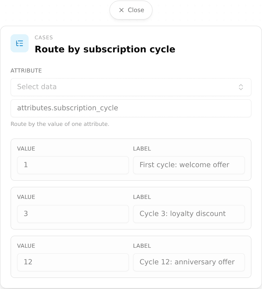 The journey builder Case node editor showing multi-way branching on a subscription-cycle attribute, with three labeled outcomes