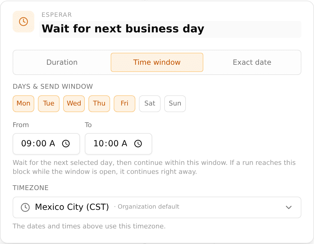 Journey Wait step settings panel with the Time window mode selected, with weekday chips Monday to Friday active, a 9:00 to 10:00 send window, and a timezone selector