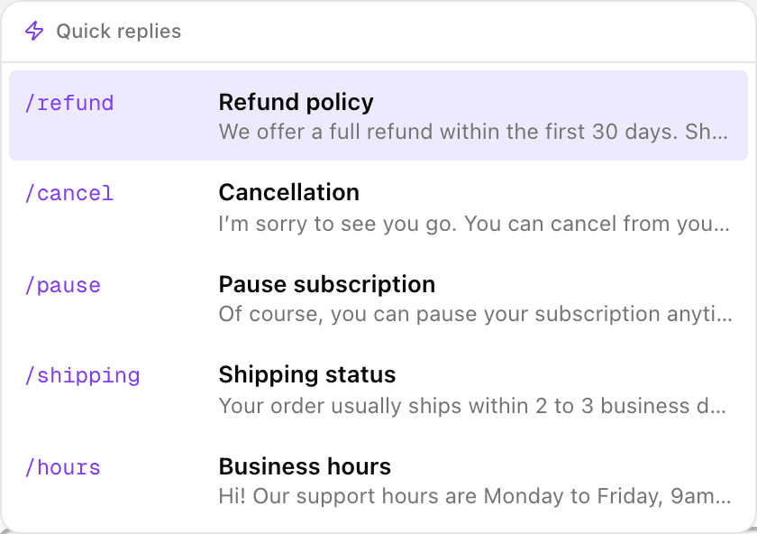 The inbox reply composer with the quick-replies menu open, listing saved replies triggered by typing a slash command
