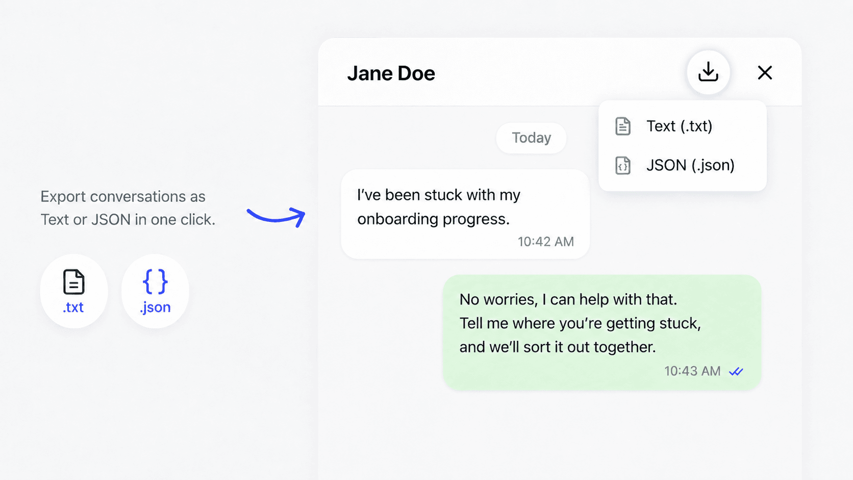 Conversation detail with a download menu showing Text (.txt) and JSON (.json) export options