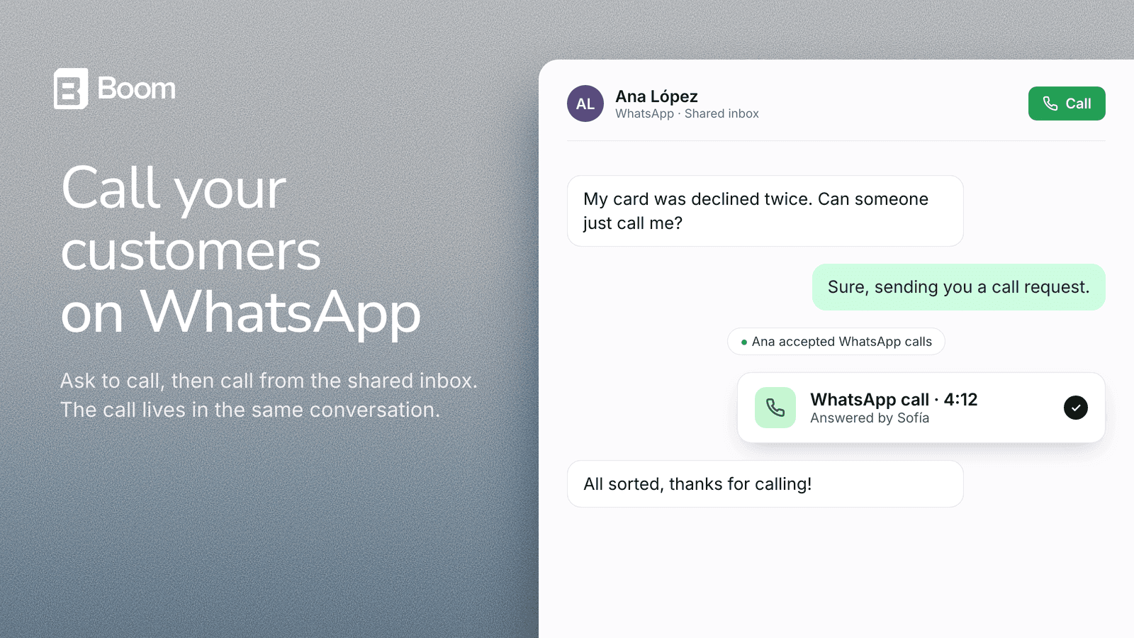 Uma conversa de WhatsApp na caixa de entrada compartilhada: o cliente pede uma ligação, aceita a solicitação e um cartão de ligação de WhatsApp concluída aparece na conversa