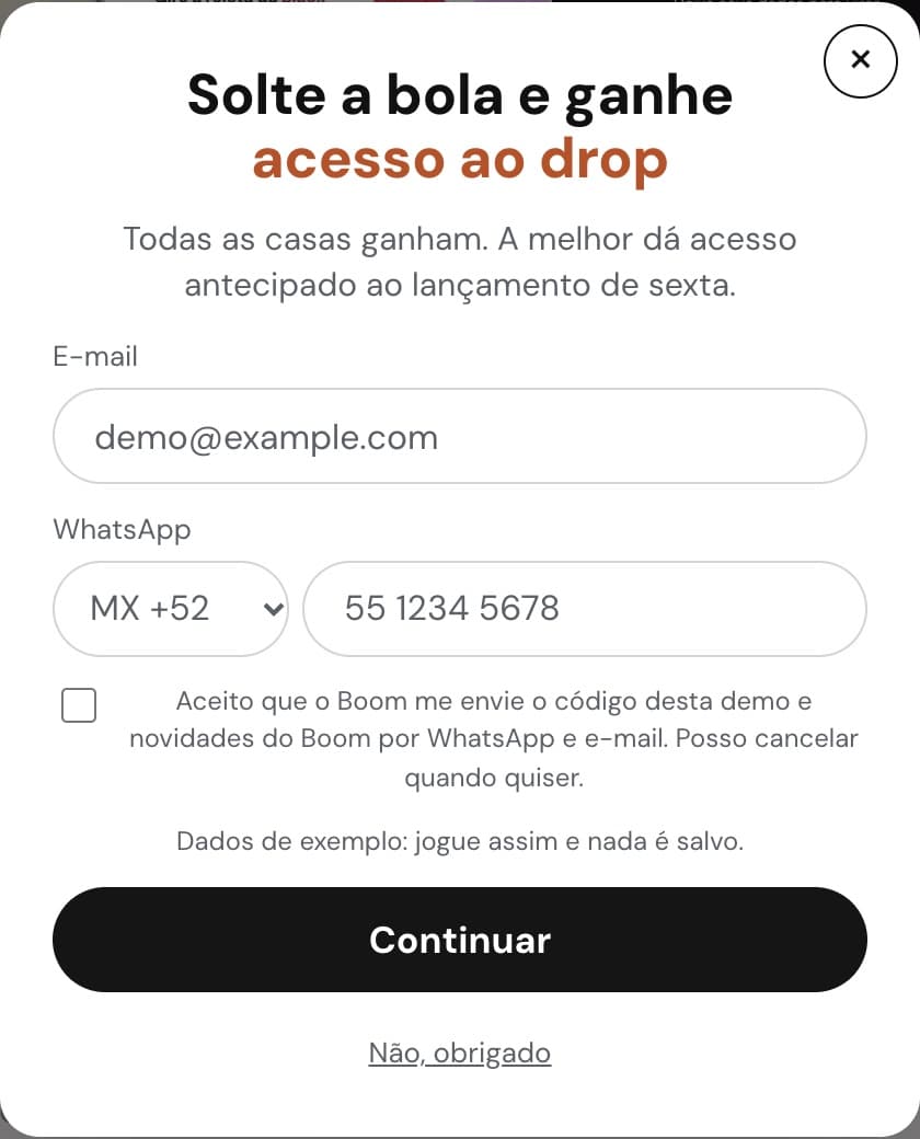 O pop-up do Lead Capture como o cliente vê