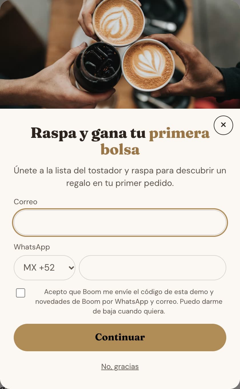 El pop-up de Lead Capture como lo ve un cliente