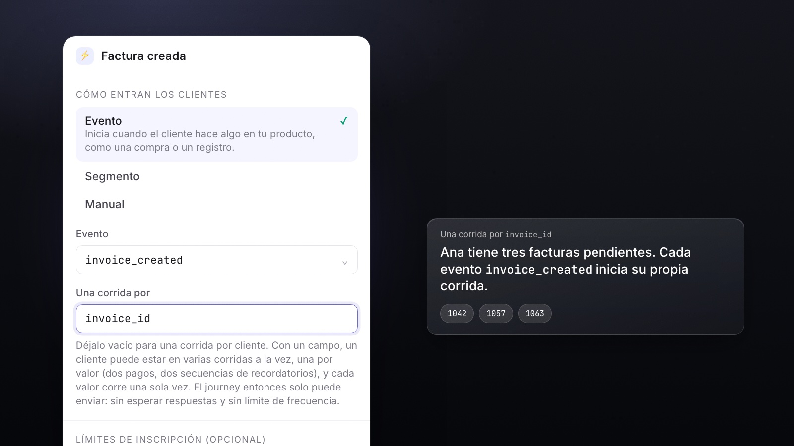 El panel del disparador con el evento invoice_created y Una corrida por en invoice_id, junto a una nota de que cada factura inicia su propia corrida