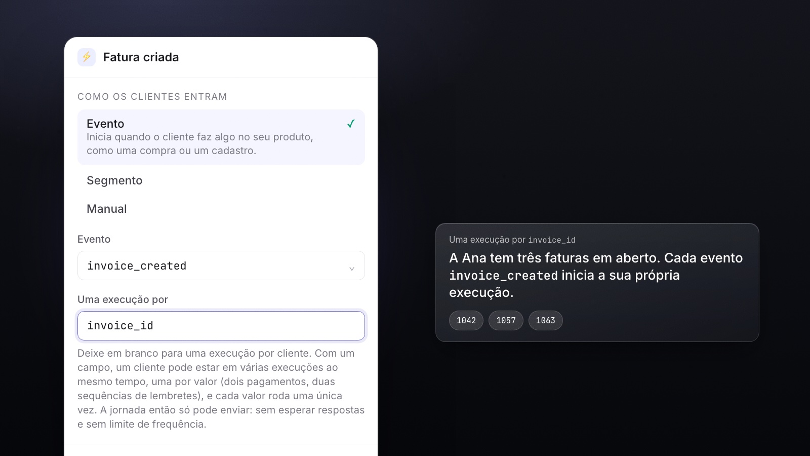 O painel do gatilho com o evento invoice_created e Uma execução por em invoice_id, ao lado de uma nota de que cada fatura inicia a sua própria execução